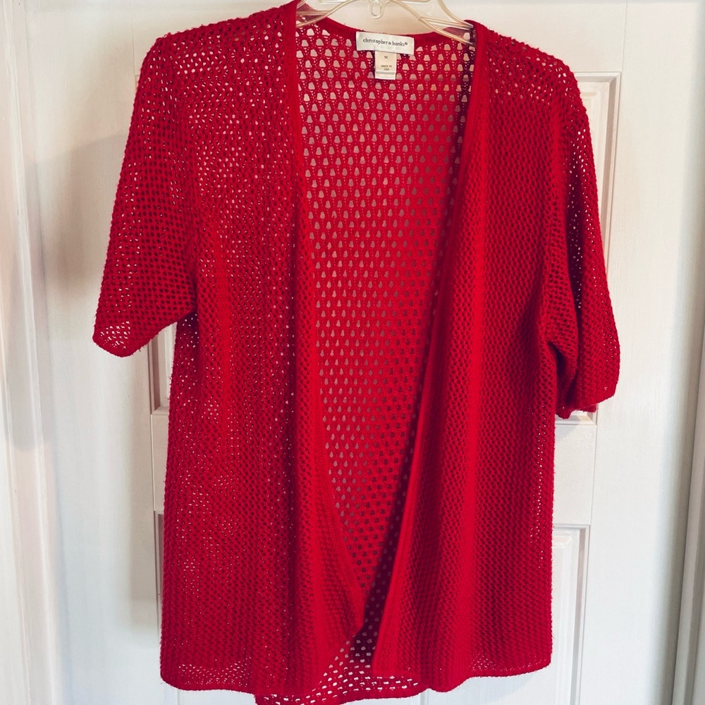 Crochet Open-Front Cardigan in Bright Red